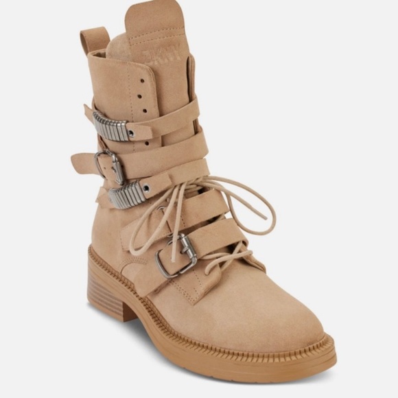 DKNY ITA SUEDE STRIPY BOOTS ROUND TOE WOMEN PLATFORM PADDED BEIGE COLOR SZ 6.5 - Picture 1 of 6